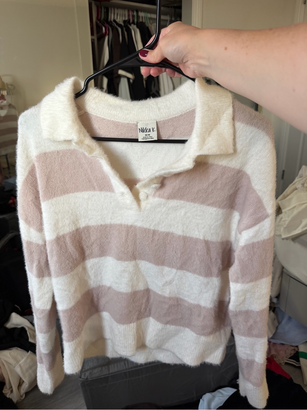 ASOS Cream & Blush Striped V‑Neck Collared Sweater